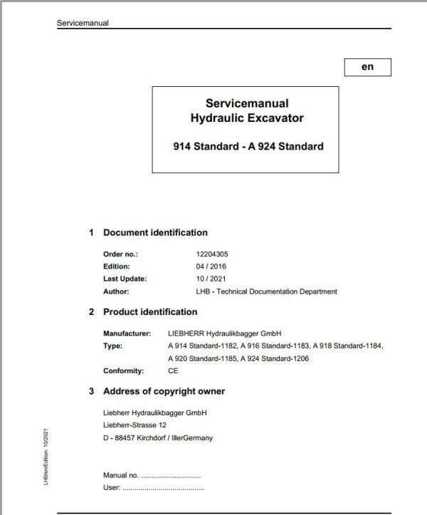 Liebherr Hydraulic Excavator A914 to A924 Standard Service Manual 12204305 10.2021