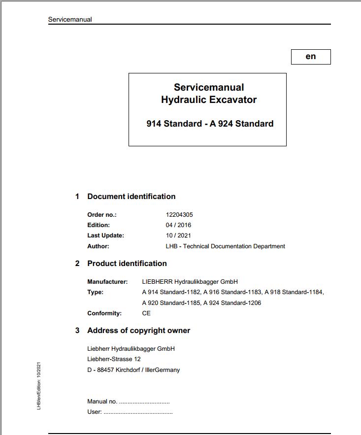 Liebherr Hydraulic Excavator A914 to A924 Standard Service Manual 12204305 10.2021