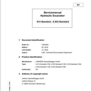 Liebherr Hydraulic Excavator A914 to A924 Standard Service Manual 12204305 12.2020