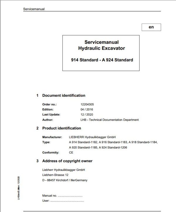 Liebherr Hydraulic Excavator A914 to A924 Standard Service Manual 12204305 12.2020
