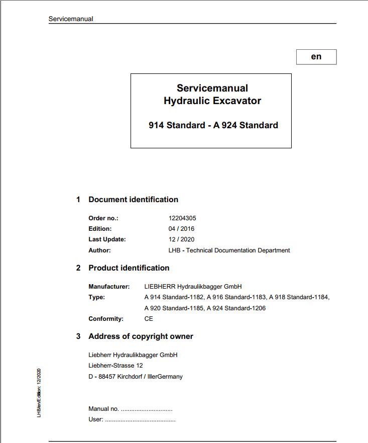 Liebherr Hydraulic Excavator A914 to A924 Standard Service Manual 12204305 12.2020