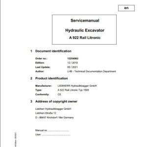 Liebherr Hydraulic Excavator A922 Rail Litronic Service Manual 12254862 09.2021