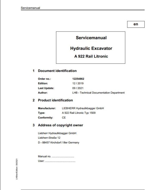 Liebherr Hydraulic Excavator A922 Rail Litronic Service Manual 12254862 09.2021