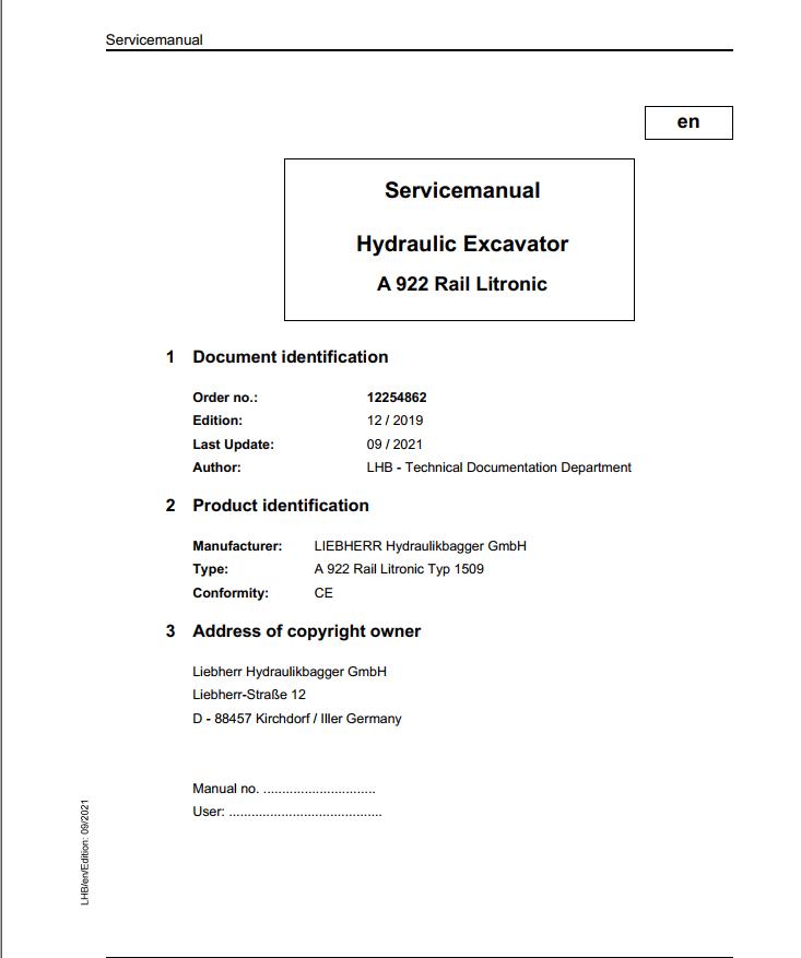 Liebherr Hydraulic Excavator A922 Rail Litronic Service Manual 12254862 09.2021