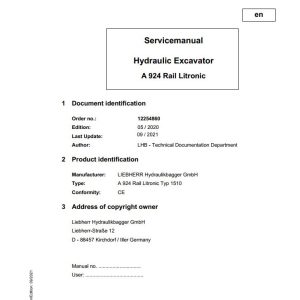 Liebherr Hydraulic Excavator A924 Rail Litronic Service Manual 12254860 09.2021