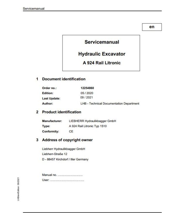 Liebherr Hydraulic Excavator A924 Rail Litronic Service Manual 12254860 09.2021