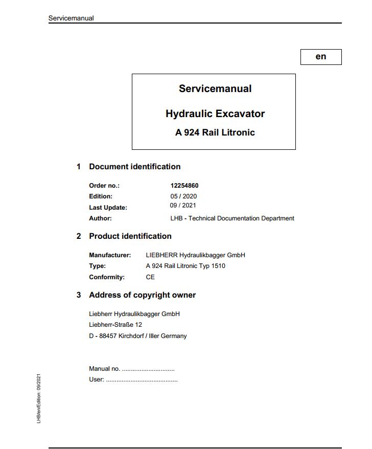 Liebherr Hydraulic Excavator A924 Rail Litronic Service Manual 12254860 09.2021