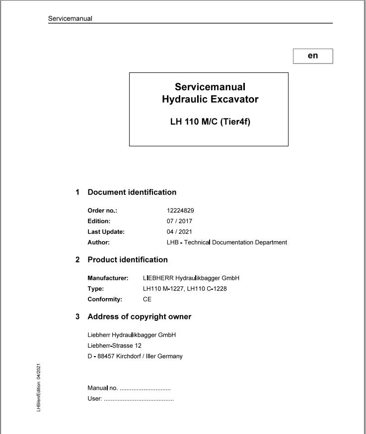 Liebherr Hydraulic Excavator LH110 M C Service Manual 12224829 04.2021