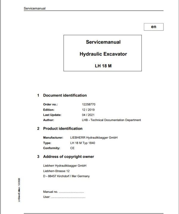Liebherr Hydraulic Excavator LH18M Service Manual 12258770 04.2021