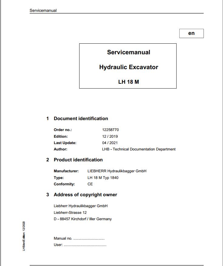 Liebherr Hydraulic Excavator LH18M Service Manual 12258770 04.2021