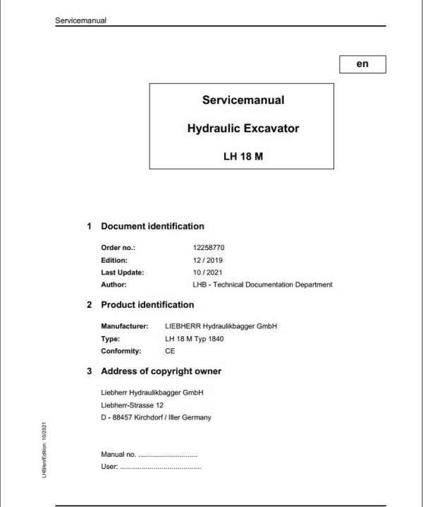 Liebherr Hydraulic Excavator LH18M Service Manual 12258770 10.2021