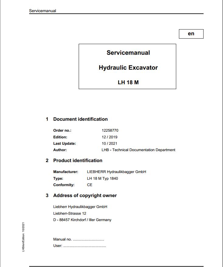 Liebherr Hydraulic Excavator LH18M Service Manual 12258770 10.2021