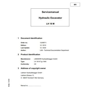 Liebherr Hydraulic Excavator LH18M Service Manual 12258771 12.2020