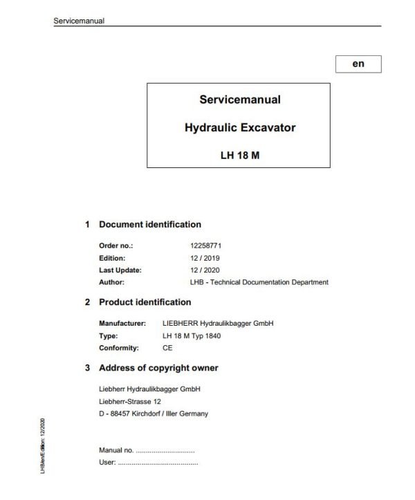 Liebherr Hydraulic Excavator LH18M Service Manual 12258771 12.2020