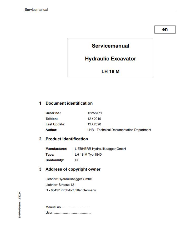 Liebherr Hydraulic Excavator LH18M Service Manual 12258771 12.2020