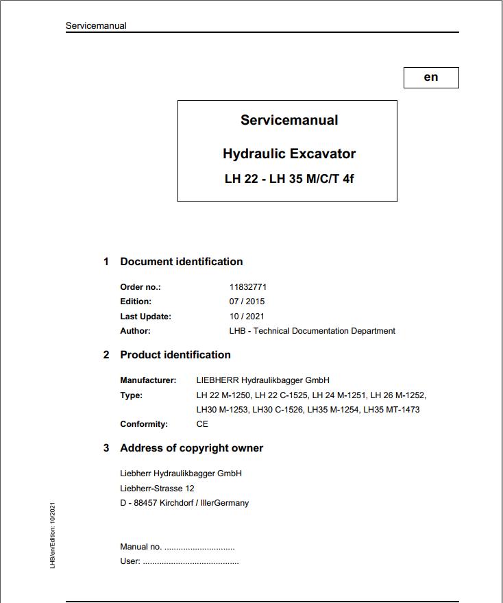 Liebherr Hydraulic Excavator LH22 to LH35 M C T Service Manual 11832771 10.2021