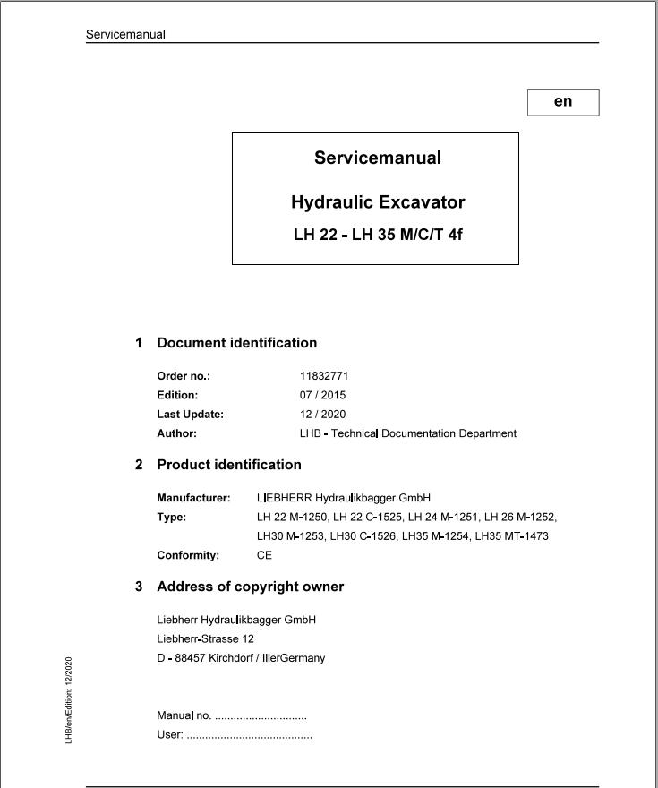 Liebherr Hydraulic Excavator LH22 to LH35 M C T Service Manual 11832771 12.2020