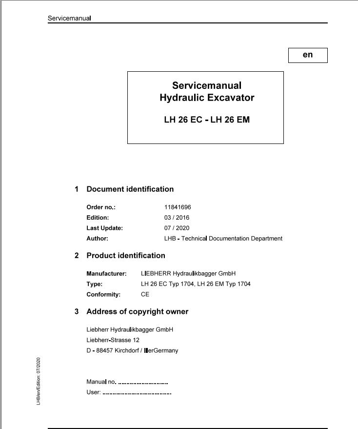 Liebherr Hydraulic Excavator LH26EC LH26EM Service Manual 11841696 07.2020 1