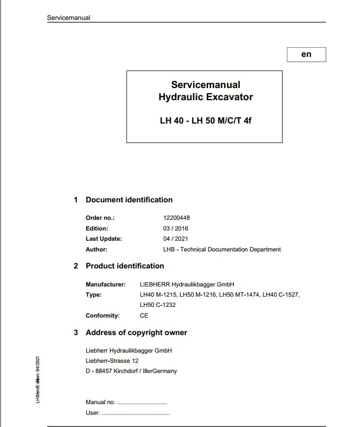 Liebherr Hydraulic Excavator LH40 to LH50 M C T Service Manual 12200448 04.2021