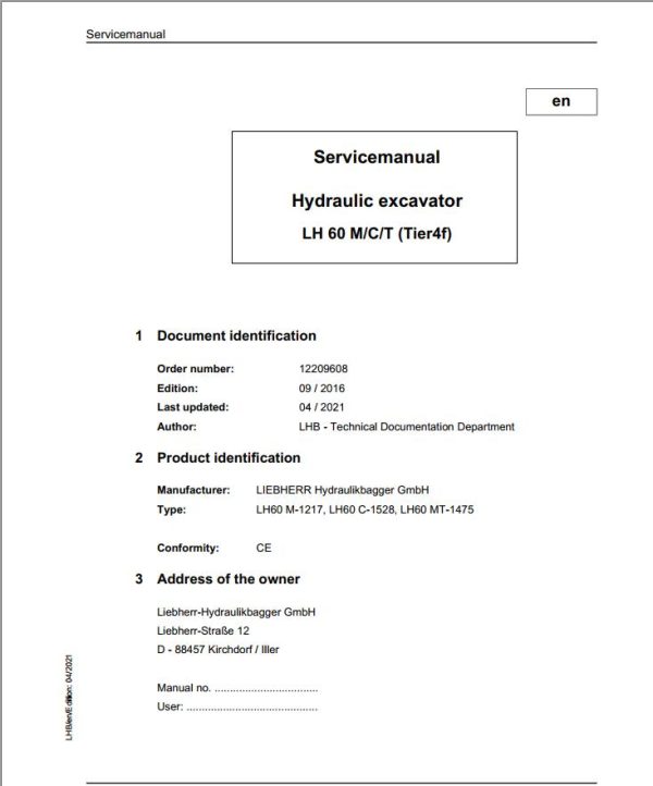 Liebherr Hydraulic Excavator LH60 M C T Service Manual 12209608 04.2021