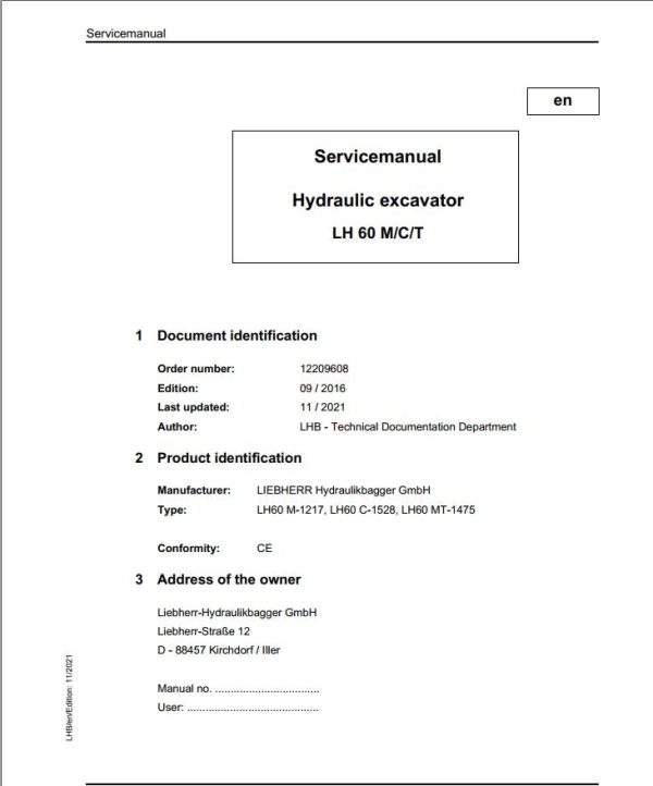 Liebherr Hydraulic Excavator LH60 M C T Service Manual 12209608 11.2021