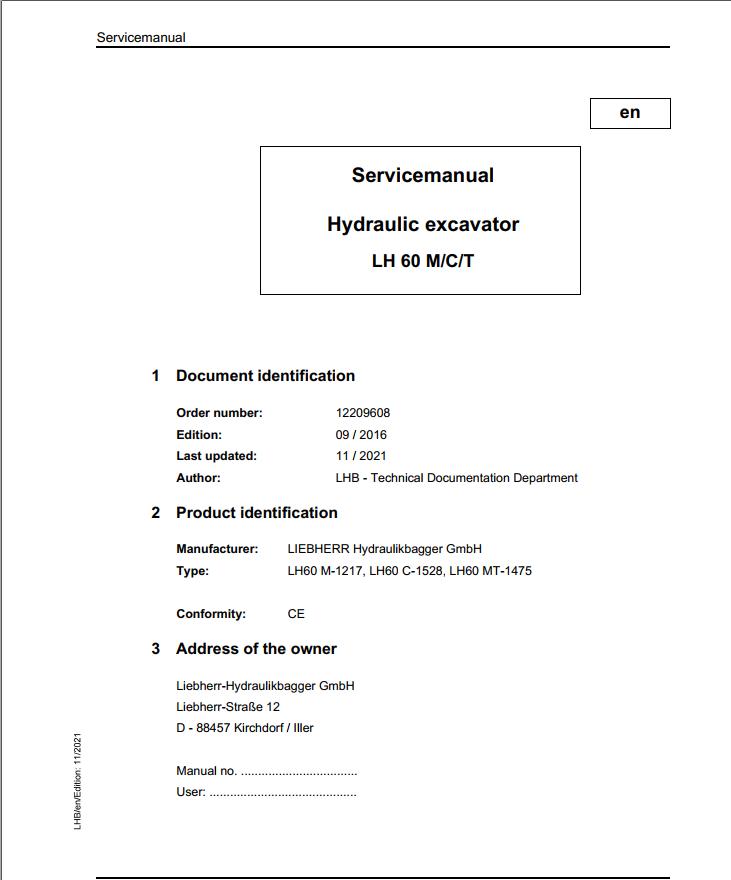 Liebherr Hydraulic Excavator LH60 M C T Service Manual 12209608 11.2021