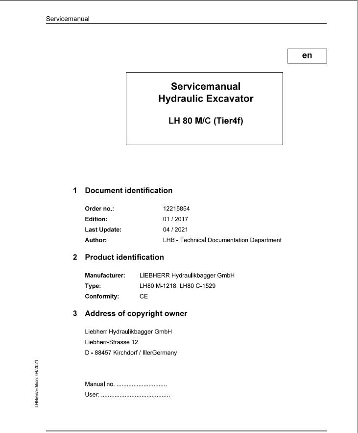 Liebherr Hydraulic Excavator LH80 M C Service Manual 12215854 04.2021