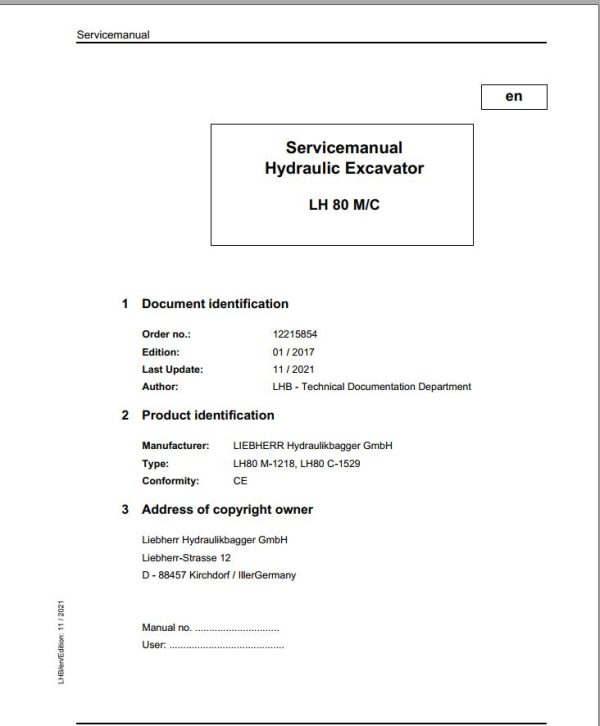 Liebherr Hydraulic Excavator LM80M LM80C Service Manual 12215854 11.2021
