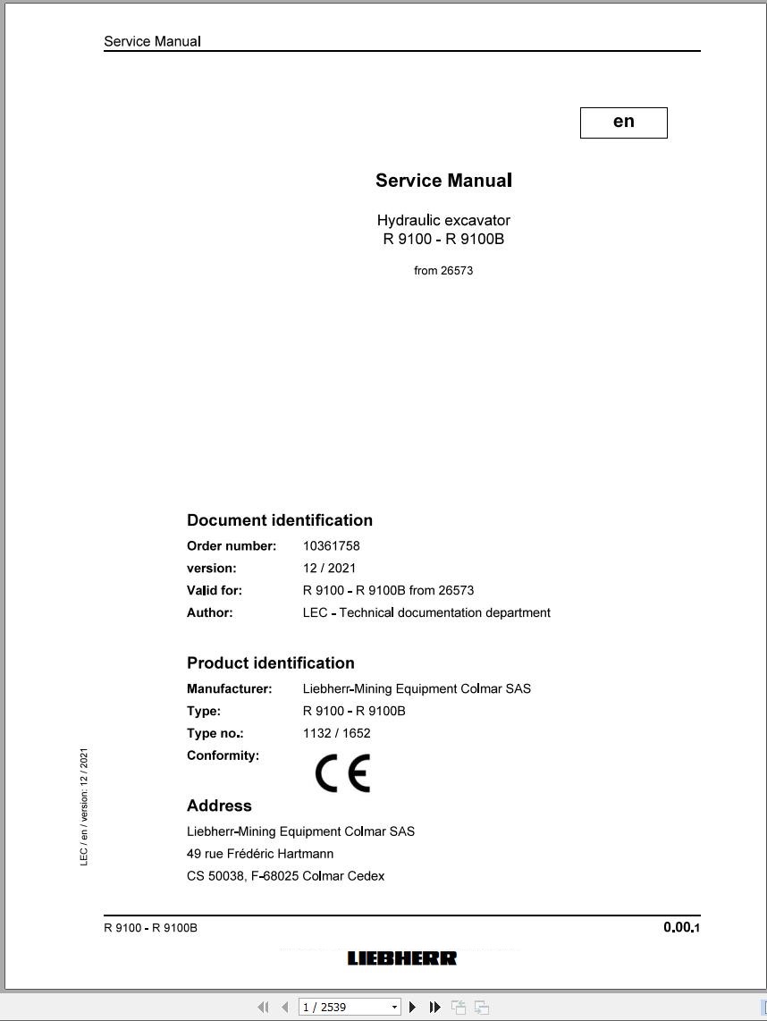Liebherr Hydraulic Excavator R9100 R9100B Service Manual 26573 12.2021