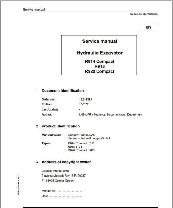 Liebherr Hydraulic Excavator R914 R918 R920 Compact Service Manual 12214599 11.2021