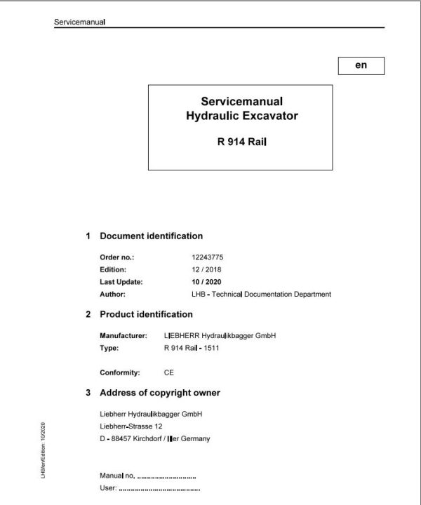 Liebherr Hydraulic Excavator R914 Rail Service Manual 12243775 10.2020