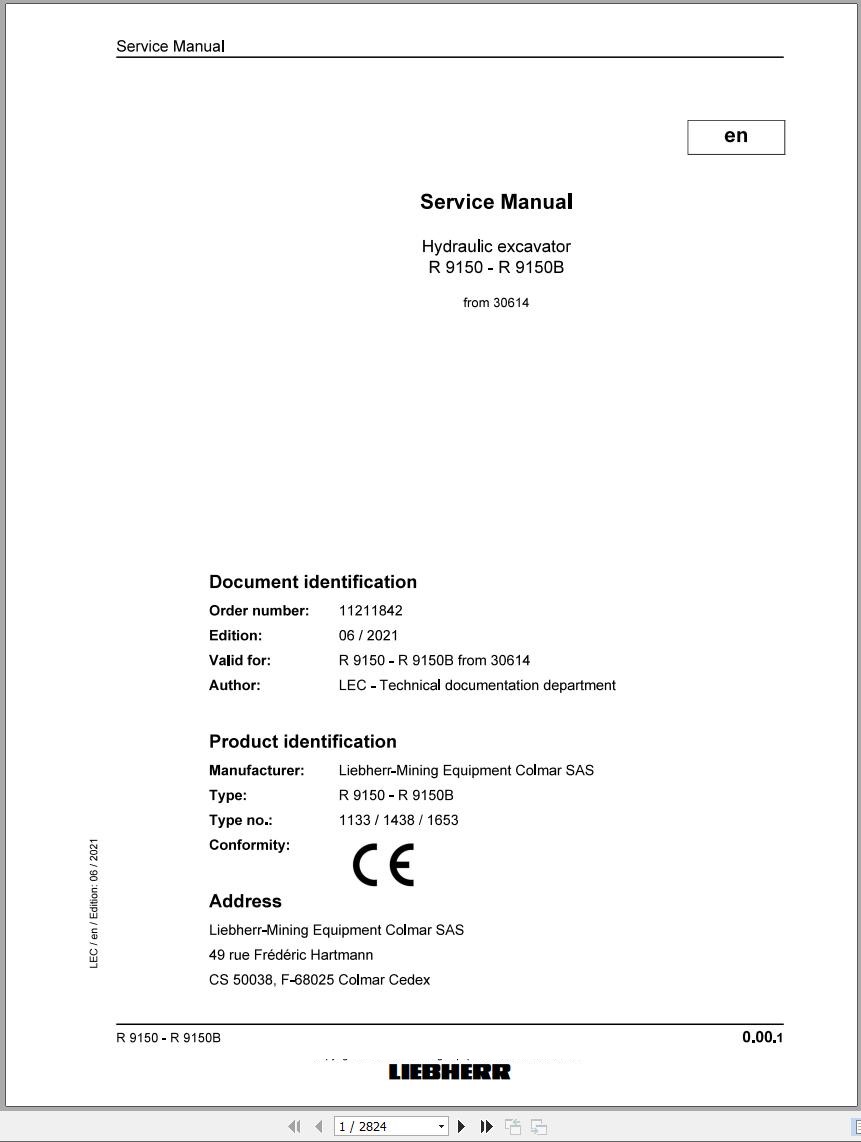 Liebherr Hydraulic Excavator R9150 R9150B Service Manual 30614 06.2021
