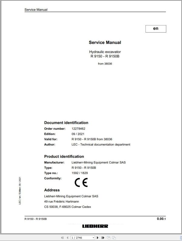 Liebherr Hydraulic Excavator R9150 R9150B Service Manual 38036 09.2021