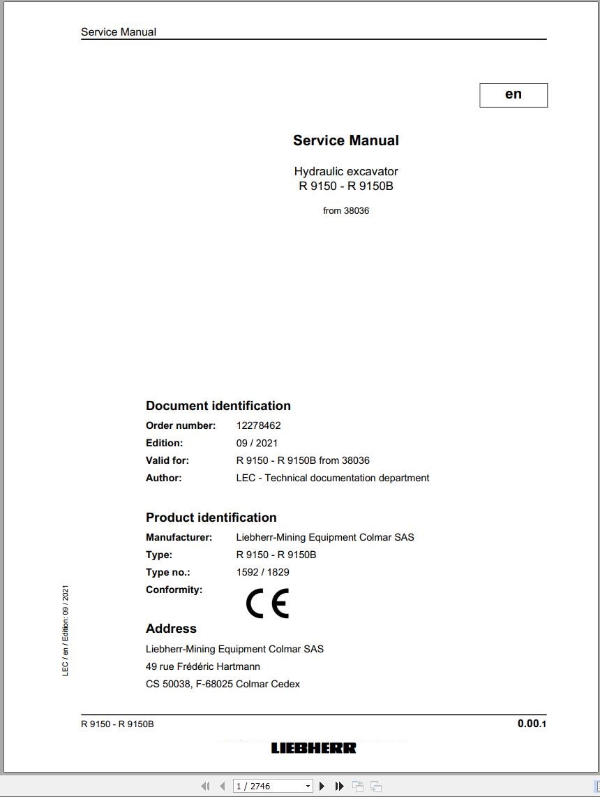 Liebherr Hydraulic Excavator R9150 R9150B Service Manual 38036 09.2021