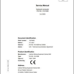 Liebherr Hydraulic Excavator R9150 R9150B Service Manual 38036 12.2021