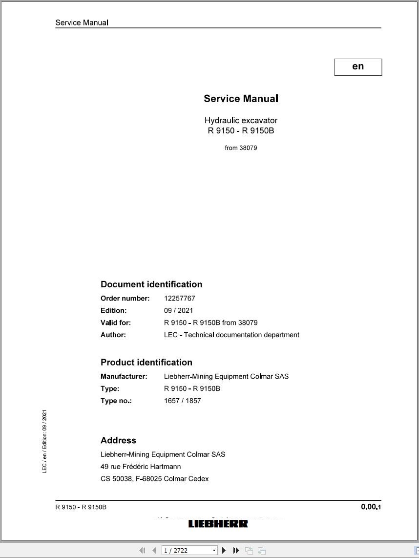 Liebherr Hydraulic Excavator R9150 R9150B Service Manual 38079 09.2021