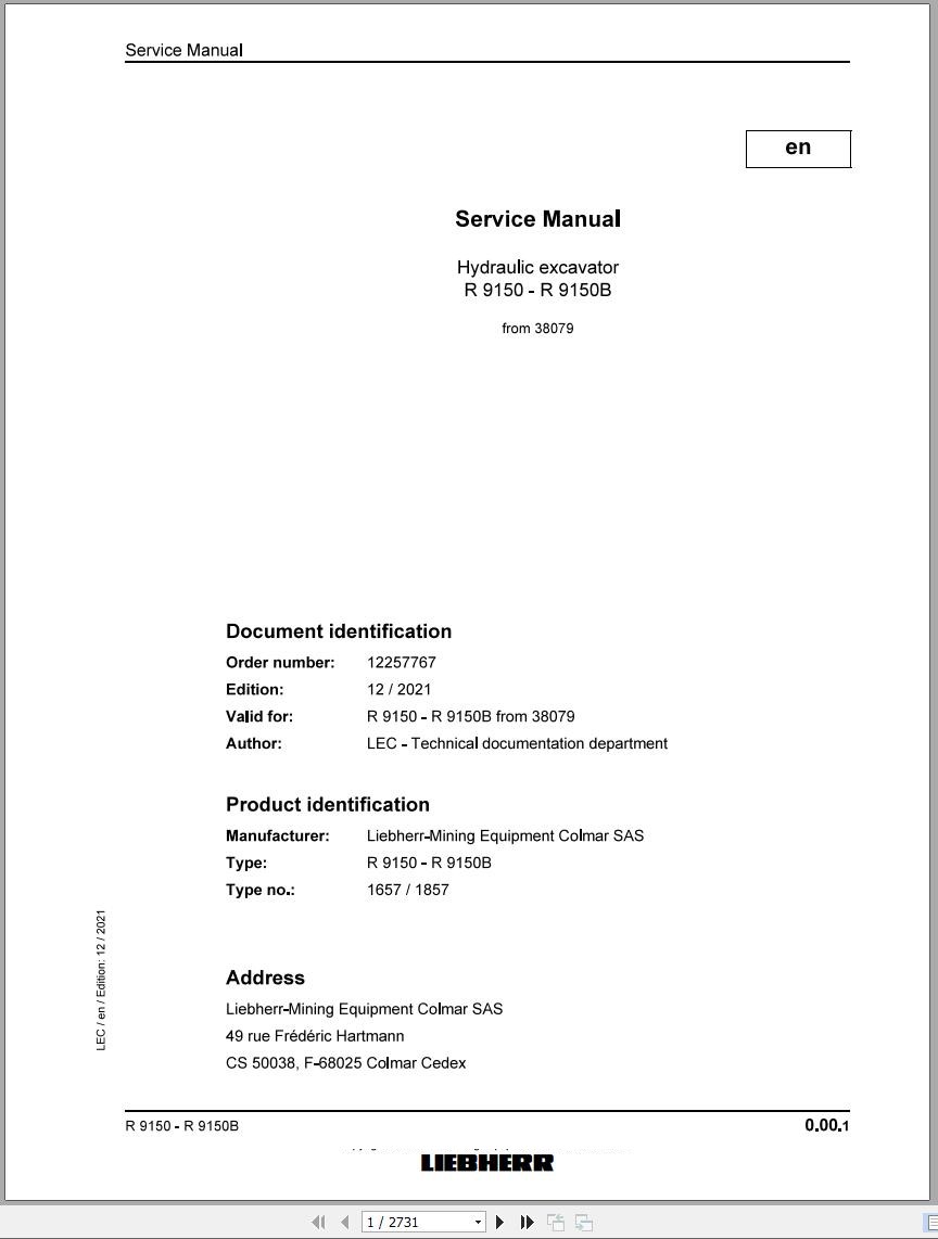Liebherr Hydraulic Excavator R9150 R9150B Service Manual 38079 12.2021