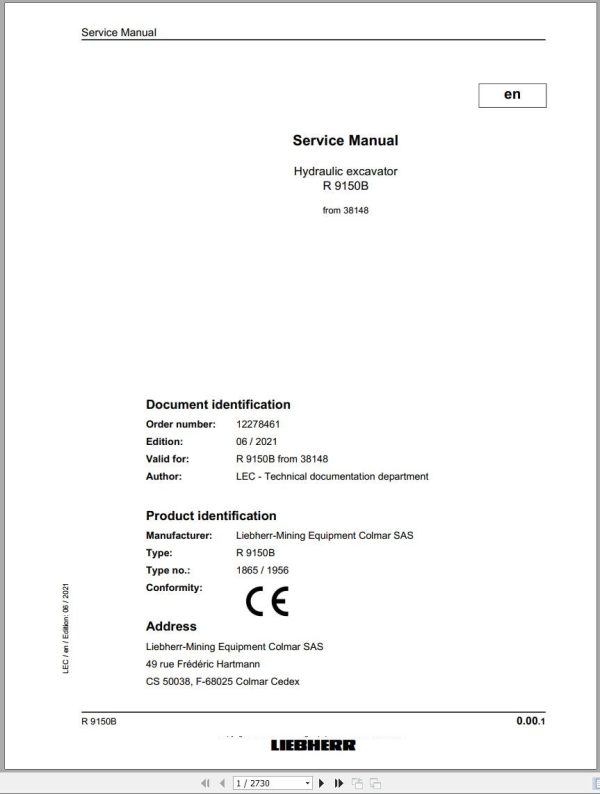Liebherr Hydraulic Excavator R9150B Service Manual 38148 06.2021