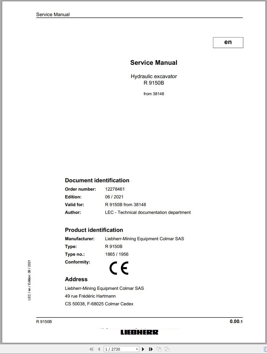 Liebherr Hydraulic Excavator R9150B Service Manual 38148 06.2021