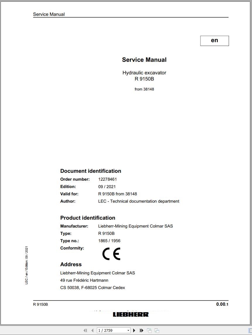 Liebherr Hydraulic Excavator R9150B Service Manual 38148 09.2021