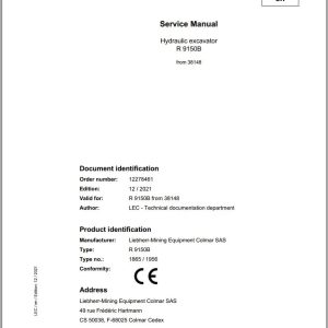 Liebherr Hydraulic Excavator R9150B Service Manual 38148 12.2021