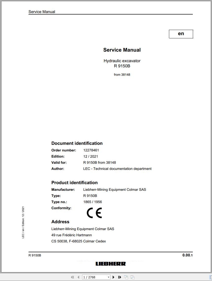 Liebherr Hydraulic Excavator R9150B Service Manual 38148 12.2021