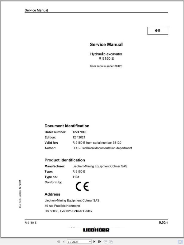 Liebherr Hydraulic Excavator R9150E Service Manual 38120 12.2021