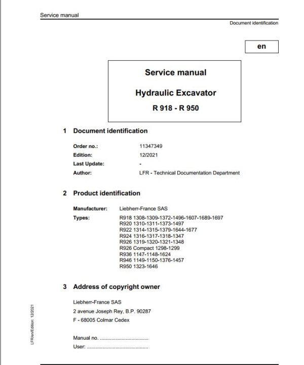Liebherr Hydraulic Excavator R918 to R950 Service Manual 11347349 12.2021