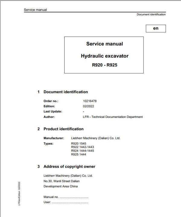 Liebherr Hydraulic Excavator R920 to R925 Service Manual 10216478 02.2022