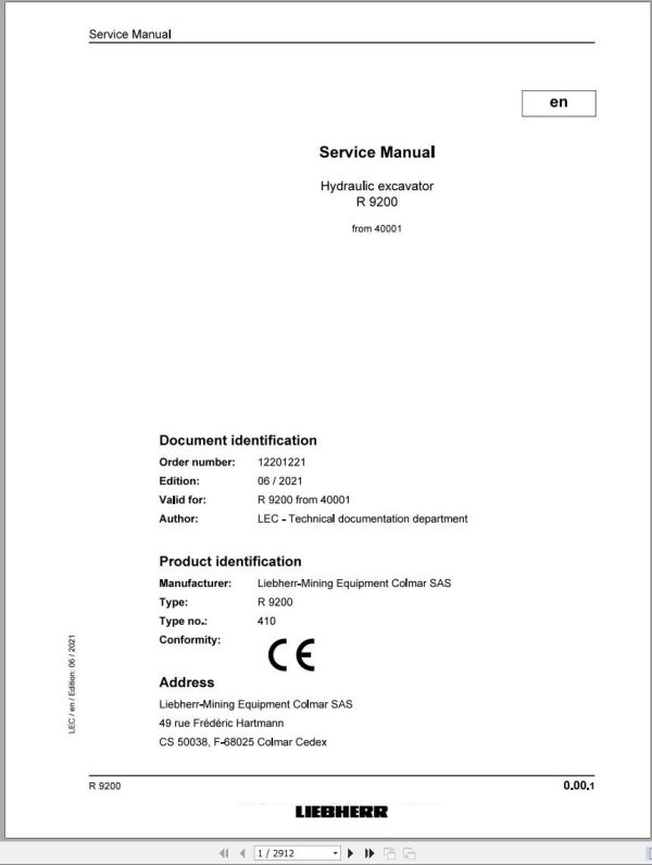 Liebherr Hydraulic Excavator R9200 Service Manual 40001 06.2021