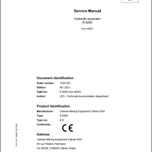 Liebherr Hydraulic Excavator R9200 Service Manual 40001 09.2021