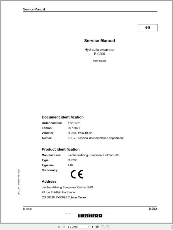 Liebherr Hydraulic Excavator R9200 Service Manual 40001 09.2021