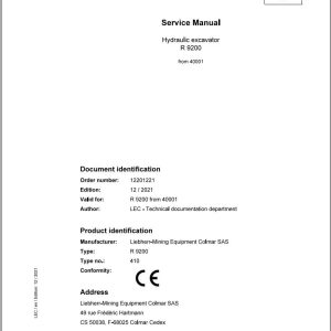 Liebherr Hydraulic Excavator R9200 Service Manual 40001 12.2021