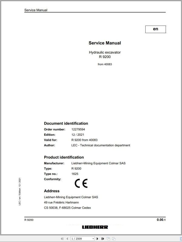 Liebherr Hydraulic Excavator R9200 Service Manual 40083 12.2021